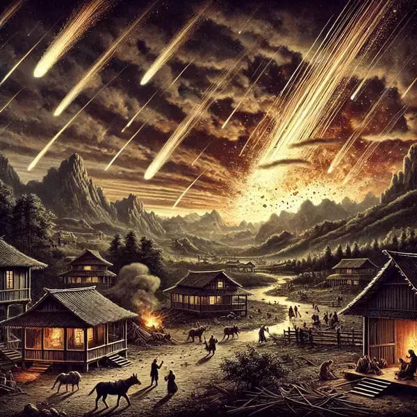 Illustration of the iron rain meteorite fall in China.